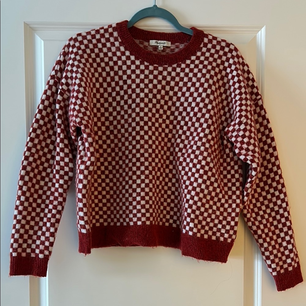 Madewell Red and White Crew Neck Checkered Sweater